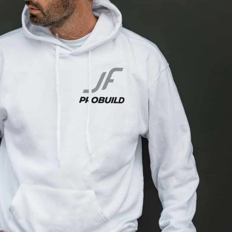 JP logo op hoodie ontwerp sublogo door billie branding