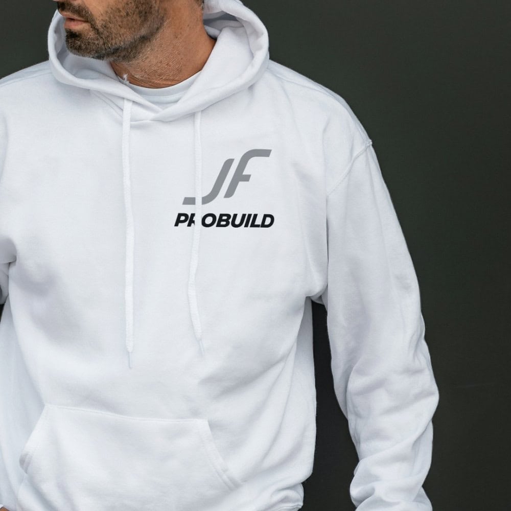 JP logo op hoodie ontwerp sublogo door billie branding