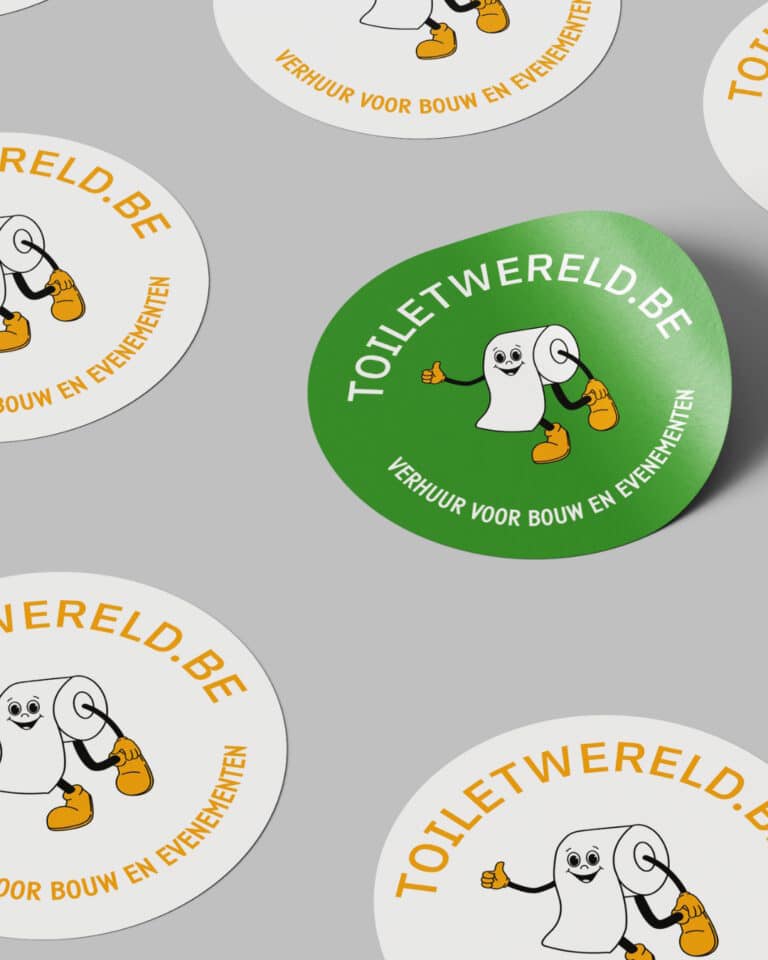 Toiletwereld logo sticker, cartoon toilet met bouwhelm en gereedschap, promotie voor bouw en evenement